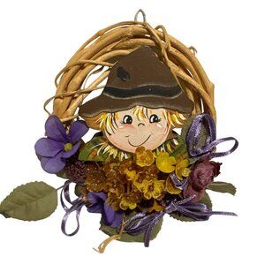 Handcrafted Scarecrow Wreath With Fabric Flowers & Rattan Accents 4 Inches